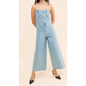 ALOHAS Lola Blue Denim Strapless Wide Leg Jumpsuit Boho Casual Beachy Size M